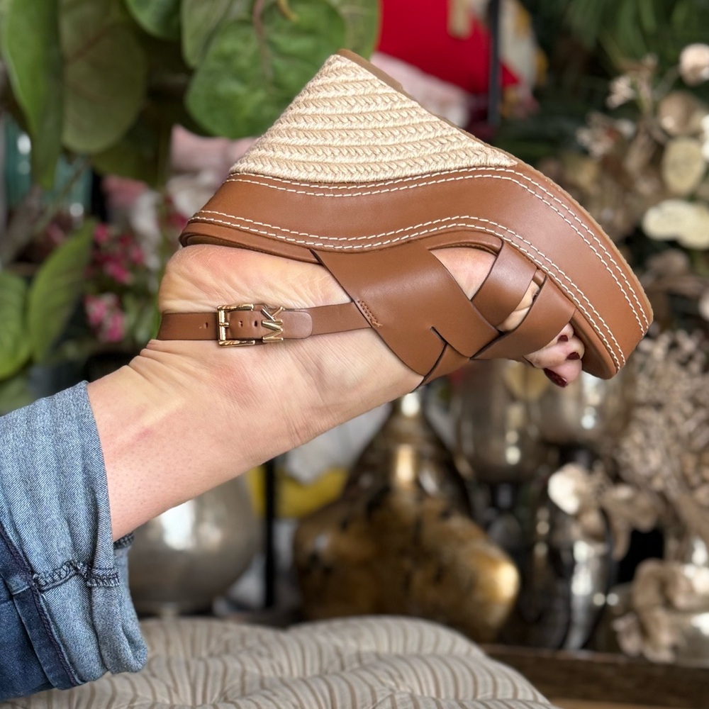 Brown leather Strappy Wedge Sandals leather cognac wedges